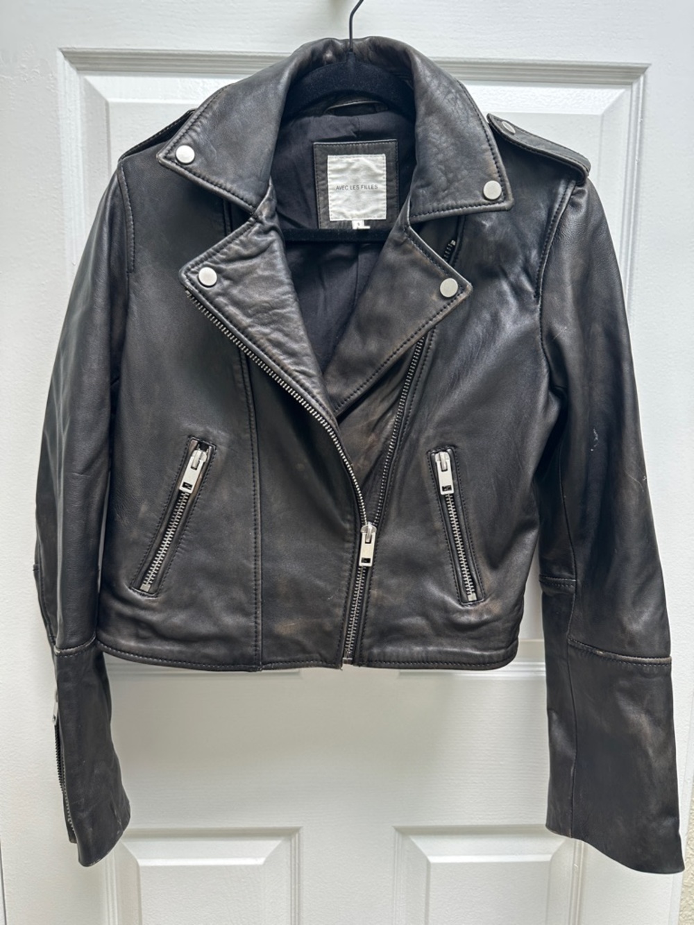 Avec Les Filles Black Leather Asymmetrical Moto Jacket